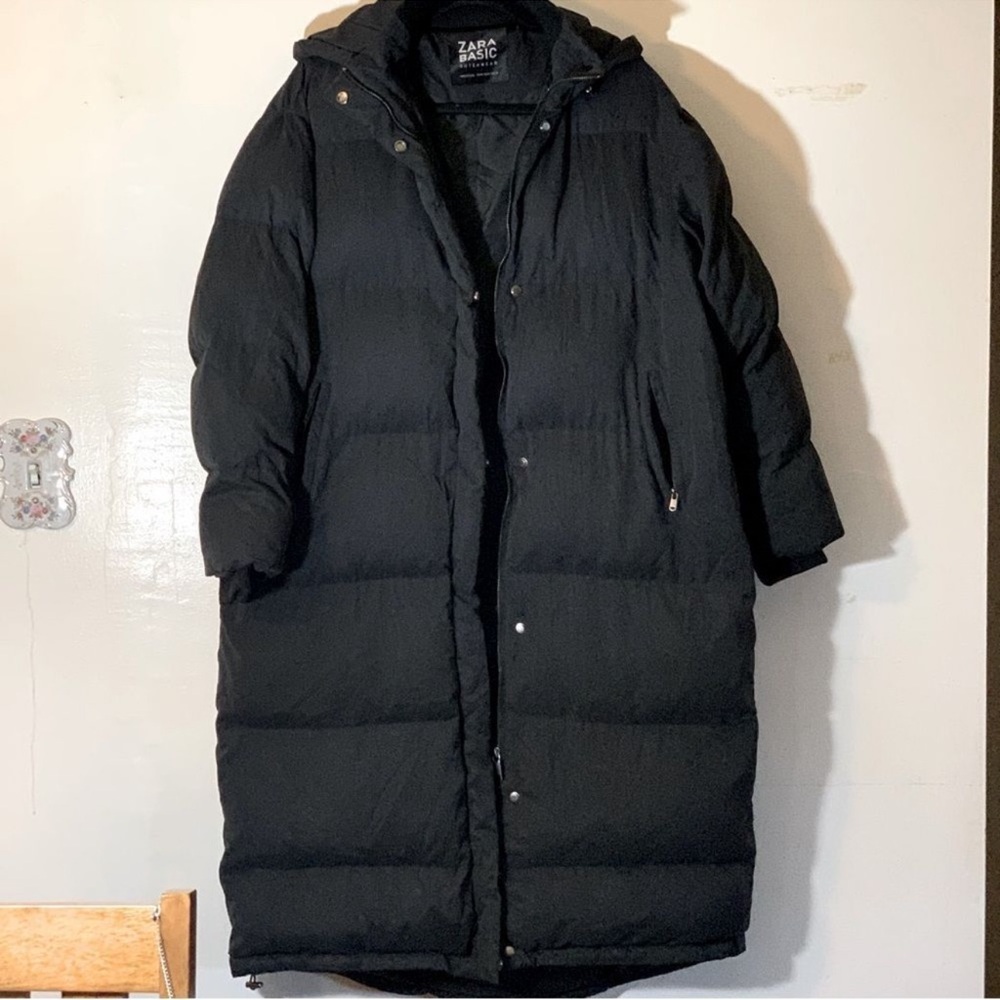 Zara Basic Long Parka Jacket Black Quilted & Hooded - Medium